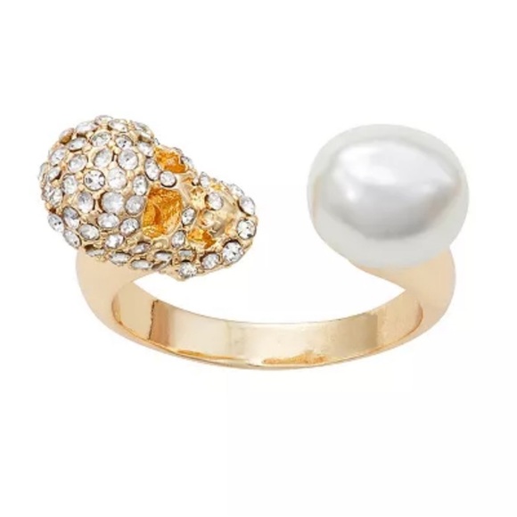 Simply Vera Vera Wang Gold Tone Crystal Skull Faux Pearl Ring Size 8 NEW - Picture 1 of 5
